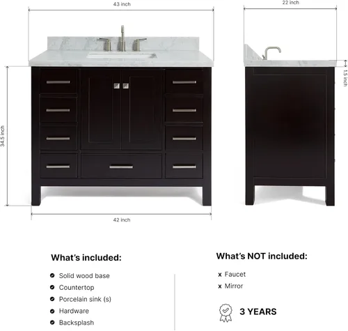 Miniatura 2 de ARIEL Cambridge - Mueble de baño espresso de 43 pulgadas con fregadero, borde de mármol italiano de carrara de 1.5 pulgadas, madera maciza