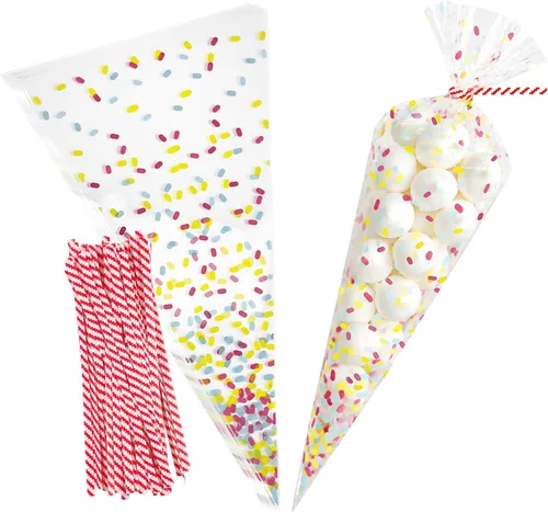 EKAPACKAGING 50 Bolsas de Celofán en Forma de Cono de 6.3x11.8 Pulgadas con Estampado de Chispitas, Amarre Giratorio Triangular, Favor de Fiesta de