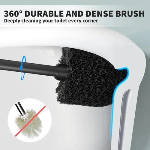 Miniatura 2 de Cepillo de inodoro, cepillo para inodoro con mango extra largo, cerdas duraderas, limpiador de inodoro y soporte cubierto para limpieza de baño Negro
