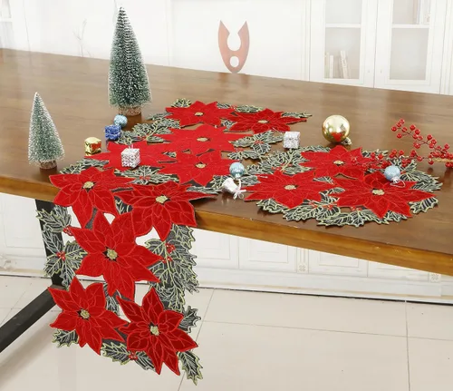Miniatura 4 de GRANDDECO Camino de Mesa Navideño para Fiestas Campestres Bufandas de Tocador Bordadas con Flores de Nochebuena Navideñas Xmas para Casa Cocina Mesa