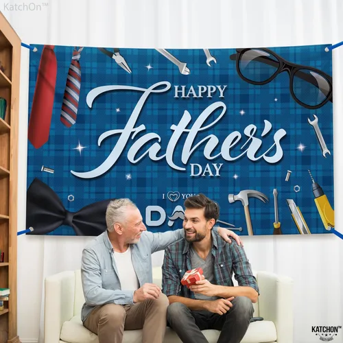 Miniatura 5 de KatchOn, Pancarta azul con texto en inglés «Happy Father's Day», extragrande, 72 x 44 pulgadas, decoración azul del día del padre para fiesta, telón