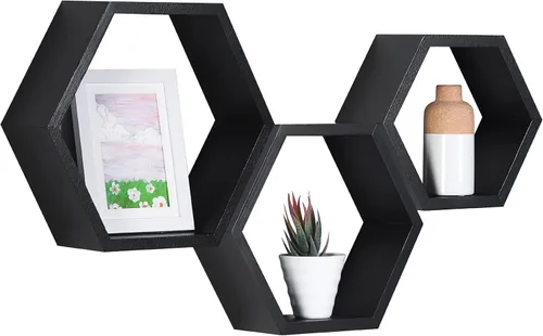 Miniatura 8 de PHOENANCEE - Estantes flotantes hexagonales, juego de 3 estantes de nido de abeja, estantes de pared de madera estilo granja para almacenamiento
