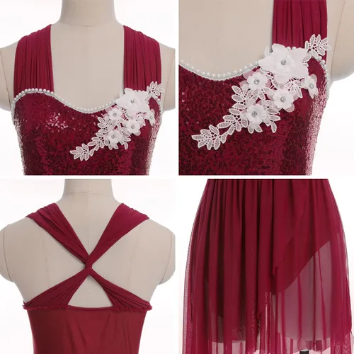 Miniatura 7 de ODASDO Vestido de baile lírico para mujeres adultas, moderno, contemporáneo, con lentejuelas, tul de malla, falda alta y baja, ropa de baile