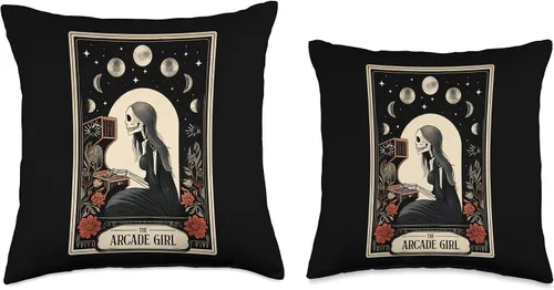 Miniatura 3 de The Arcade Girl Retro Arcade Gaming 80s Tarot Card Skeleton Throw Pillow