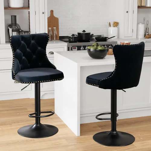 Miniatura 13 de Aoowow Juego de 2 taburetes de bar giratorios, taburetes de bar ajustables con respaldo de terciopelo copetudo, sillas de bar modernas tapizadas