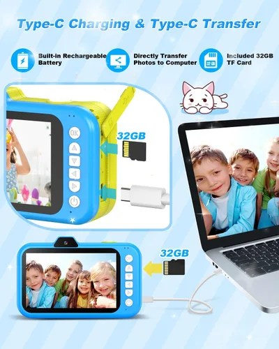 Miniatura 9 de Cámara para niños Uffylle, selfie frontal de 1080P 48MP, cámara de juguete para niños pequeños con pantalla grande de 3.5 pulgadas, zoom 10X