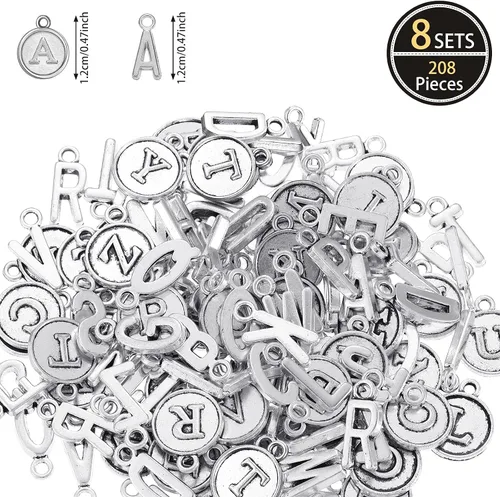 Miniatura 3 de Yinkin 8 juegos/208 piezas mezcladas de letras redondas del alfabeto, colgantes de letras A-Z inicial de metal para fabricación de joyas
