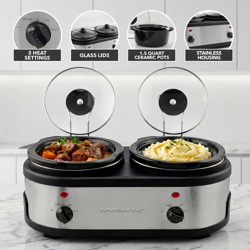 Miniatura 2 de OVENTE Doble olla de cocción lenta, servidor de buffet y calentador con dos ollas de cerámica extraíbles de 1.5 cuartos de galón, control