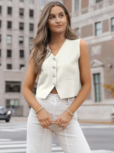Miniatura 6 de LILLUSORY Camisetas casuales de negocios para mujer, estilo 2024, suéter sin mangas, cuello en V, con botones, recortada