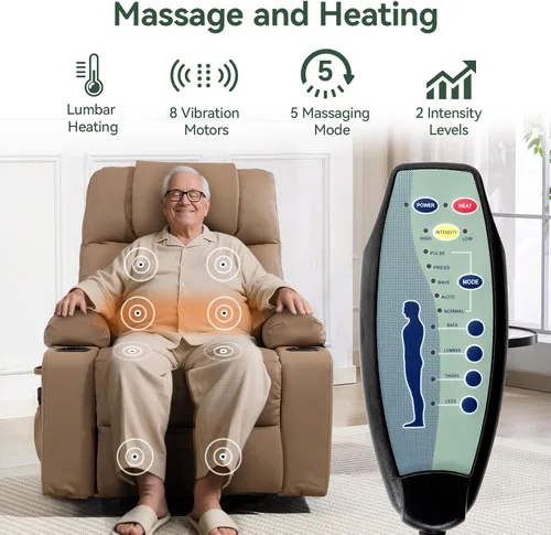 Miniatura 4 de Silla Reclinable con Elevación Eléctrica para Personas Mayores con Calor y Masaje, Sillón Reclinable de Cuero PU Eléctrico Ajustable 160° con Marrón