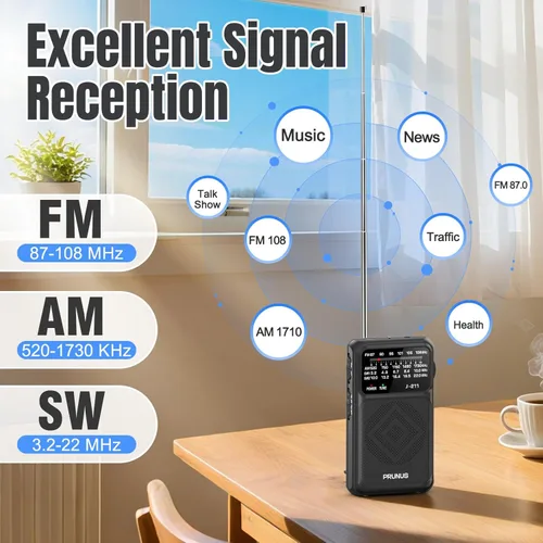 Miniatura 6 de PRUNUS J-211 - Radio portátil AM FM con carga USB C y operada por baterías AA, radio de transistor, fuerte recepción y altavoz claro, conector