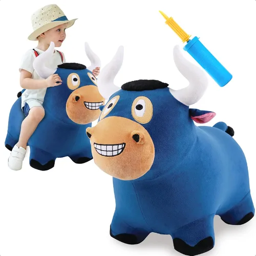 iPlay, iLearn Bouncy Pals Toro Saltarín, Saltador de Animales Inflable de Felpa, Juguetes de Salto y Saltarines para Montar en Interiores y