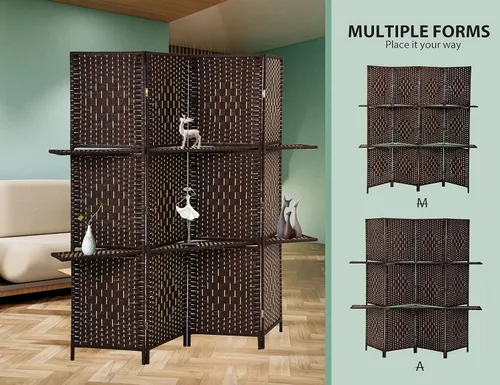 Miniatura 4 de Separadores de habitación de madera de 4 paneles con estantes, pantallas de privacidad plegables, pantalla de partición portátil, 6 pies de alto