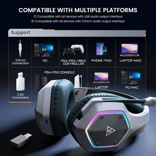 Miniatura 7 de EKSA E1000WT Wireless Gaming Headset,2.4GHz USB Gaming Headphones with Microphone for PC, PS5, PS4, Nintendo Switch, 7.1 Surround Sound Headset, RGB