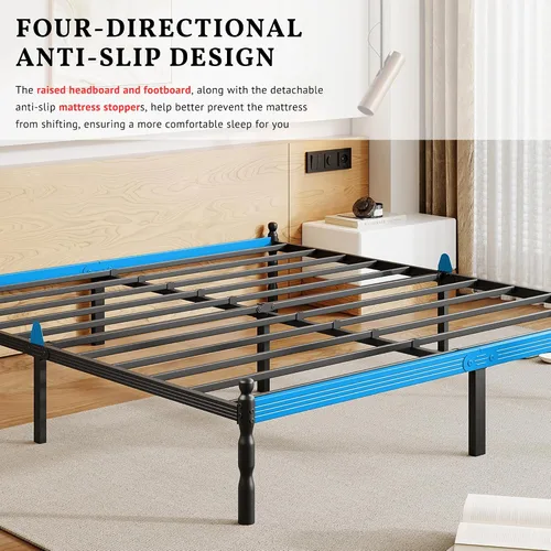 Miniatura 4 de ZIYOO Marco de cama Queen de metal de 14 pulgadas con estilo vintage, tope deslizante para colchón, listones de acero resistente de 1500 libras,