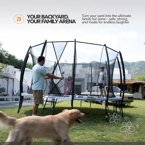 Miniatura 7 de Trampolín para exteriores de 10 pies, 14 pies, 16 pies con recinto, 6 patas reforzadas en forma de U con soporte central, aprobado por ASTM