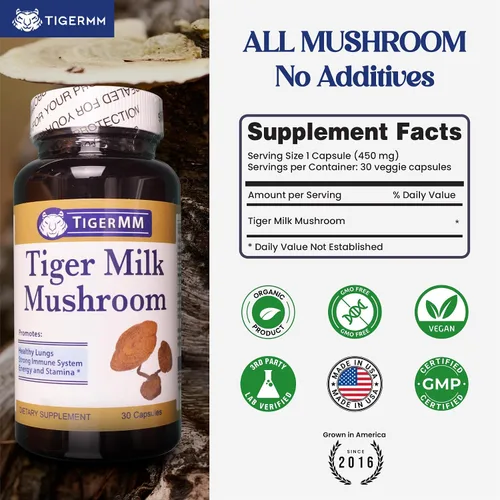 Miniatura 3 de Tiger Milk Mushroom (Lignosus rhino.) EE. UU., Apoyo inmunitario respiratorio pulmonar 450mg cápsula