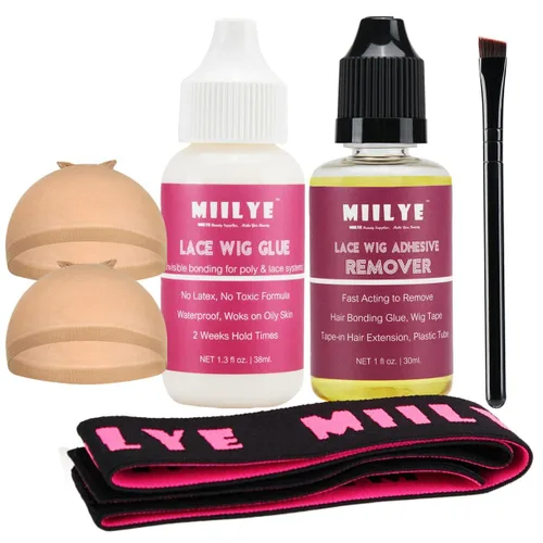 MIILYE Pegamento para peluca de encaje frontal + removedor adhesivo, gorras de peluca, banda de fusión, pegamento frontal de encaje de sujeción