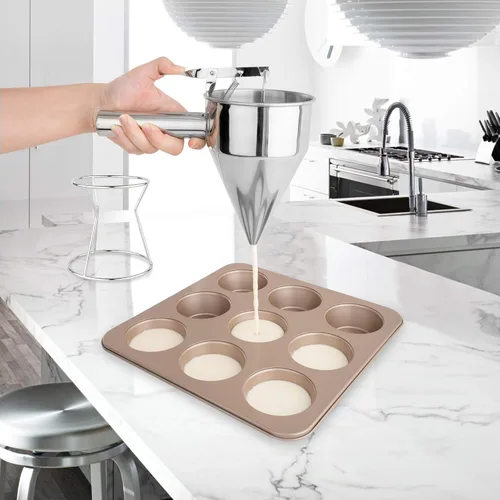 Miniatura 5 de EgieMr - Embudos dispensadores de masa de panqueques de acero inoxidable con soporte, ideal para cupcakes, Takoyaki o cualquier producto horneado