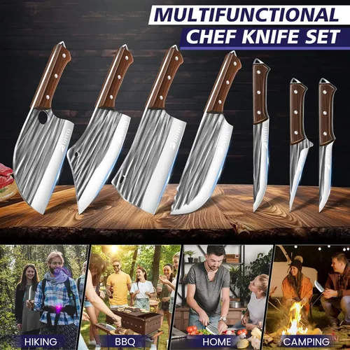 Miniatura 4 de Dfito Juego de cuchillos de carnicero con bolsa de rollo, juego de cuchillos de chef profesionales 14 en 1, cuchillos de cortar huesos forjados a