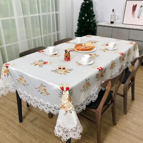 Miniatura 24 de Camino de mesa de Navidad 100% poliéster, bordado de encaje de Navidad, decoraciones de mesa de Navidad de 16 x 52 pulgadas, velas de pascua