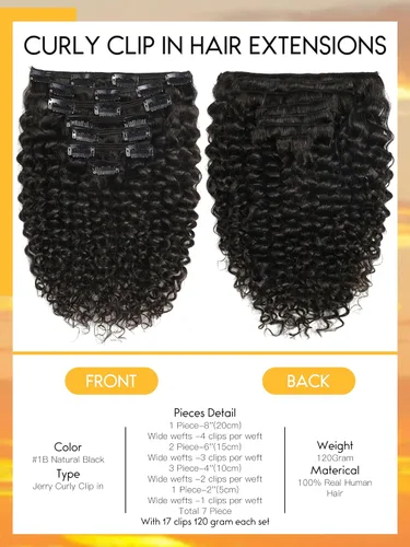 Miniatura 2 de Caliee - Extensiones de cabello rizado con clip 3B 3C Jerry, extensiones de clip de cabello rizado 14 pulgadas 1B color natural, extensiones