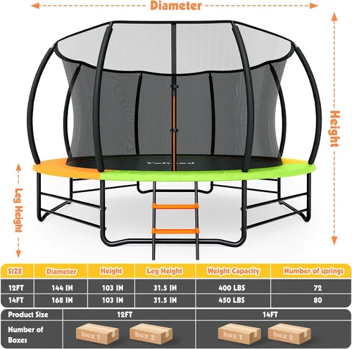 Miniatura 7 de Yohood Trampolín para exteriores de 12 pies y 14 pies, trampolines recreativos con red de cierre y escalera, aprobado por ASTM para niños y adultos