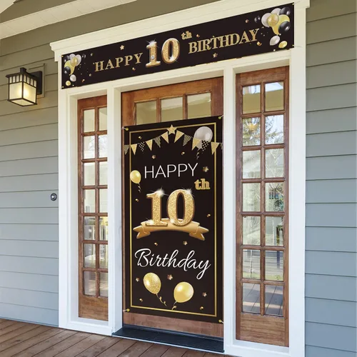 Juego de carteles de feliz cumpleaños 10 para puerta, porche, decoraciones de cumpleaños de 10 años, suministros de fiesta para niños, color negro y