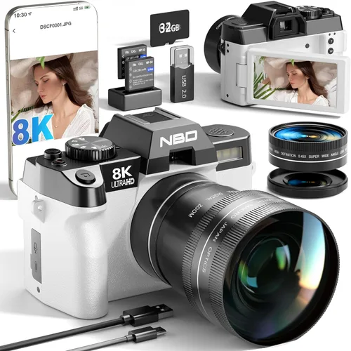 NBD Cámaras digitales de 8K 64MP para fotografía con zoom de 16X, cámara de enfoque automático mejorada 2026 con pantalla abatible de 180°, cámaras