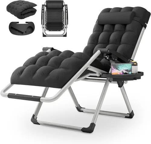 Miniatura 9 de MoNiBloom Silla reforzada de gravedad cero, tumbona plegable para piscina y playa, tumbona de bronceado portátil con cojín, reposacabezas y bandeja