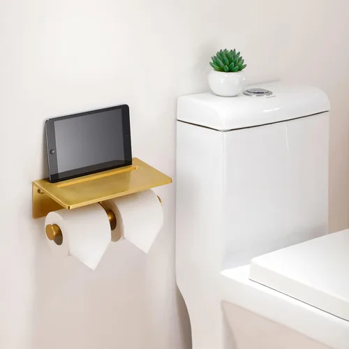 Miniatura 3 de Soporte Doble para Papel Higiénico con Estante, Dispensador de Rollo de Papel Higiénico Comercial de Montaje en Pared con Estante para Celular