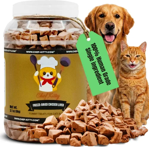 Golosinas de hígado de pollo liofilizadas de grado humano de Chef Kitty para gatos y perros – 100% de grado humano, ingrediente único, alto en