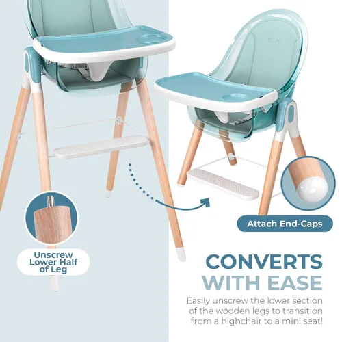 Miniatura 7 de Silla alta de madera de lujo 6 en 1 para bebés y niños pequeños, moderna, segura y compacta, fácil de limpiar y montar, bandeja y cojín extraíbles