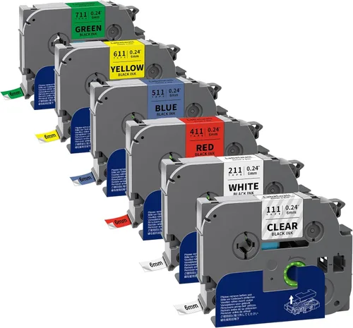 Labelwell - Paquete de 6 cintas TZe TZ de 6 mm 0.23 pulgadas laminadas multicolor compatibles para Brother P Touch Label Tape TZe-211 111 411 511