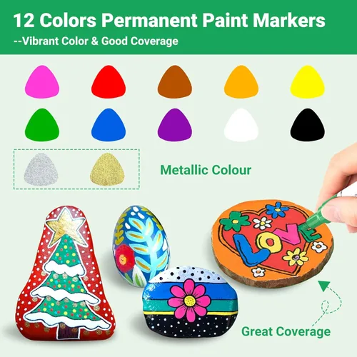 Miniatura 5 de Bolígrafo de pintura a base de aceite, marcador de pintura permanente: secado rápido, impermeable, juego de 12 para pintura de roca, vidrio, tela
