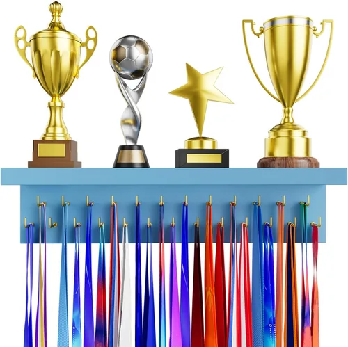 Miniatura 11 de Soporte para Medallas y Organizador de Estante para Trofeos, Soporte Robusto de Madera para Premios de Carreras con 25 Ganchos de Acero, Soporte