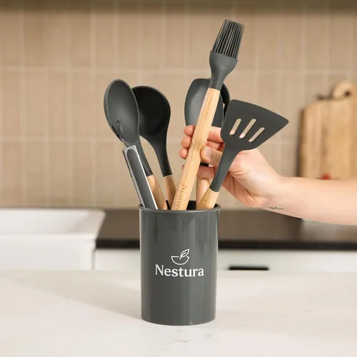 Miniatura 5 de Juego de utensilios de cocina de silicona compactos, 12 piezas con soporte, herramientas resistentes al calor sin BPA con asas de madera de haya