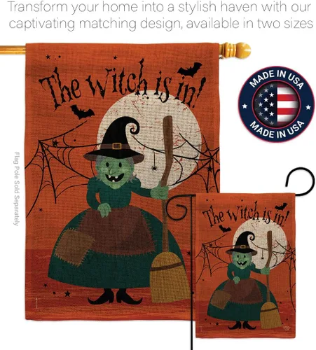 Miniatura 4 de Juego de banderas de Halloween con estacas de jardín, cartel de arpillera para puerta, soporte de pared, tumba, porche, tapiz al aire libre, bruja