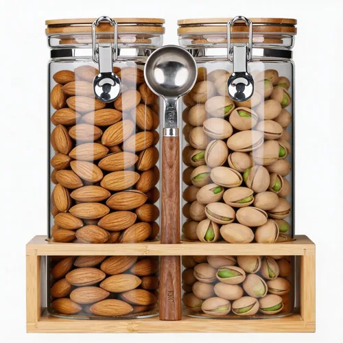 KKC - Tarro hermético de almacenamiento de nueces de vidrio con cuchara (50 onzas / 1.5 litros), recipiente grande para alimentos con tapa de bambú