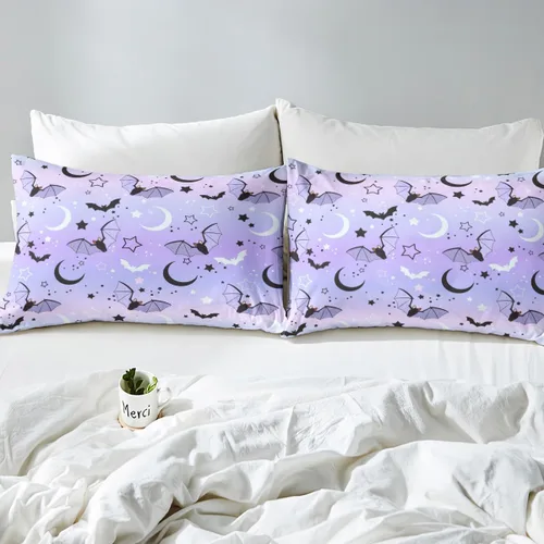 Miniatura 4 de Manfei Juego de sábanas de Feliz Halloween, tamaño individual, juego de ropa de cama de murciélagos morados y estrellas para decoración