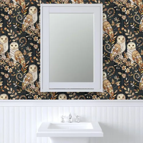 Miniatura 9 de Despegar y pegar papel tapiz Swatch – Collage de búhos grandes búhos madera naturaleza noche moderna casa de campo papel tapiz extraíble