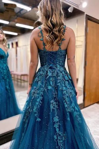 Miniatura 7 de Vestidos de graduación de tul con purpurina para mujer, cuello en V, apliques de encaje, vestidos largos de baile, tirantes delgados, vestido