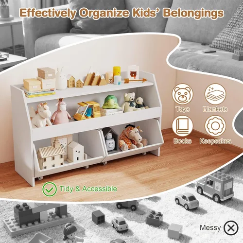 Miniatura 3 de Costzon Organizador de almacenamiento de juguetes para niños, armario de juguetes con 2 cajones rodantes, ruedas con cerradura, estante abierto