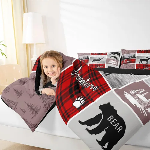 Miniatura 83 de Juego de edredón de oso y ciervo, tamaño individual, ropa de cama de animales salvajes de caza, colcha rústica de cabaña, casa de campo, cuadros