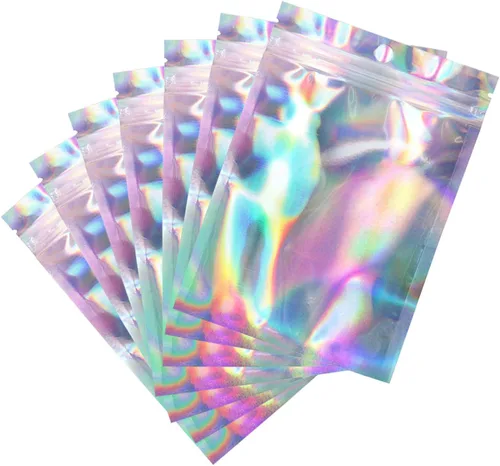 Miniatura 7 de Bolsas holográficas de 4 x 6 pulgadas, 100 bolsas resellables con cierre de mylar con patrón de estrellas para almacenamiento de alimentos