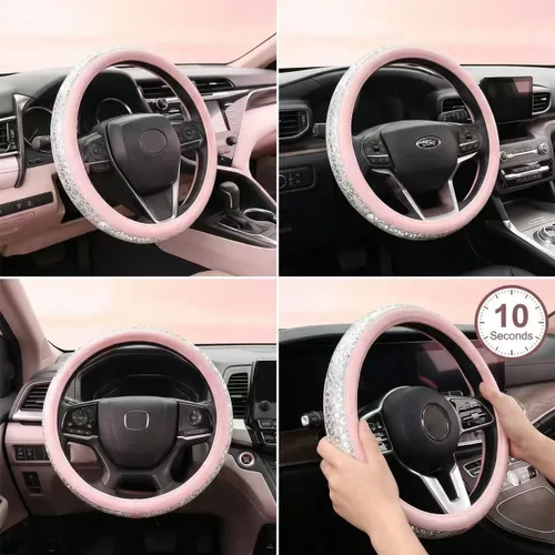 Miniatura 2 de Funda de volante rosa con diamantes de imitación, protector antideslizante de cuero con purpurina para volante de automóvil, ajuste universal