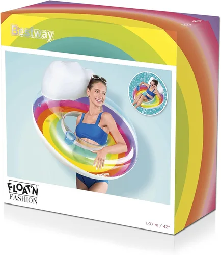 Miniatura 3 de Bestway Anillo de natación grande Flotador inflable de piscina de 42 pulgadas con reposacabezas y soporte para tazas, diseño de arcoíris