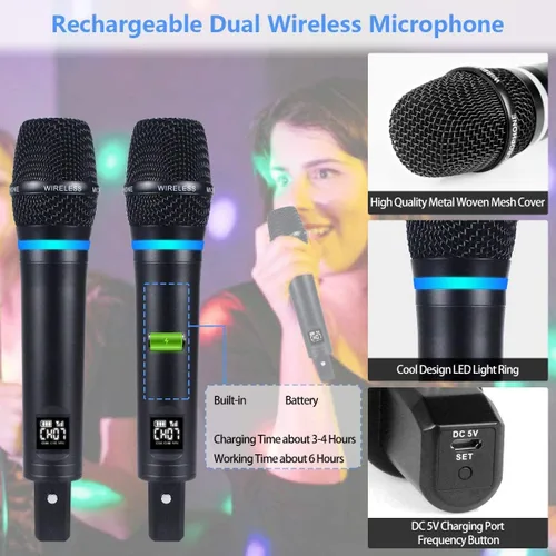 Miniatura 4 de S9 UHF Sistema de micrófono inalámbrico recargable para karaoke, micrófono inalámbrico dual con caja receptora Bluetooth + control de volumen ECHO