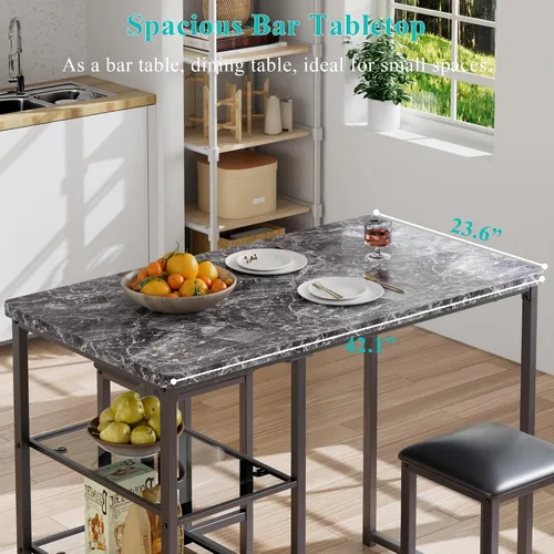 Miniatura 3 de VECELO juego de mesa de bar pequeña y sillas para 2, taburetes tapizados y estantes de almacenamiento de vidrio, para cocina, comedor, rincón
