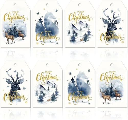 120 etiquetas de regalo de papel de Navidad, acuarela azul, árbol de Navidad, alce, etiquetas colgantes con cuerdas de cáñamo, 4 diseños, etiquetas